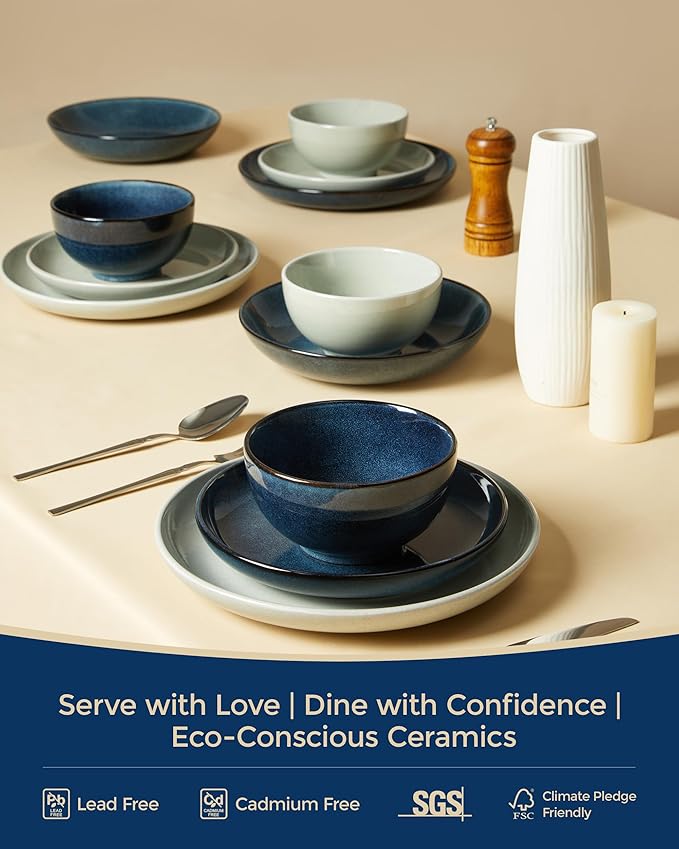 24 Piece Double Bowl Dinnerware Sets with Pasta Bowls Highly Chip and Crack Resistant Plates and Bowls Sets Natural Earthyware Ceramic Dishware Sets Service for 6 Starry Blue
