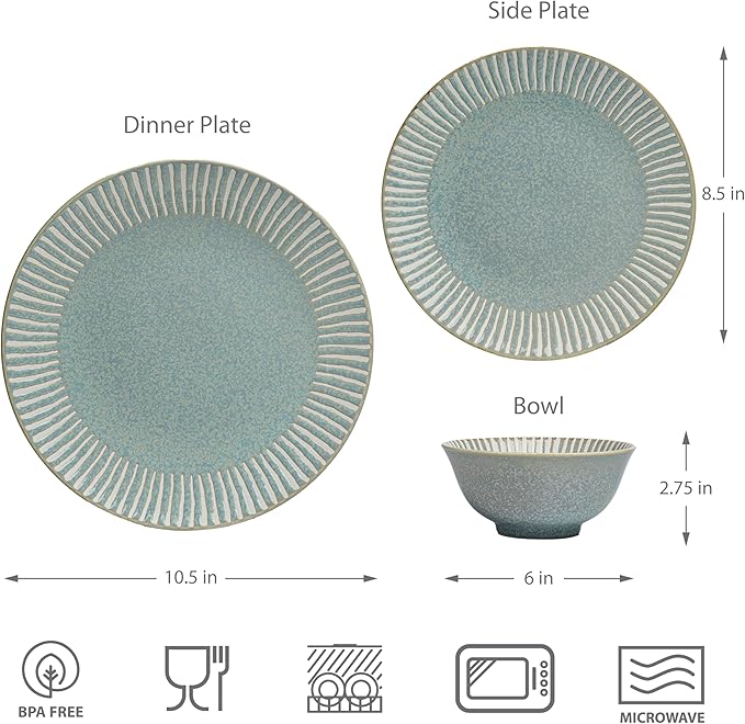 Bzyoo 12-Piece Reactive Blue Ceramic Dinnerware Set Bali Breeze Blue Elegant Table Setting for Every Occasion - Microwave &amp Dishwasher Safe Stackable