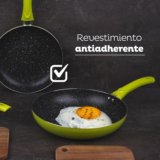 San Ignacio Set 3pc Frying Pan (20+24+28cm) Green Pressed Aluminium with Set 3 Pc Stainless Steel Kitchen Utensils with Set 4pc Stainless Steel Knives
