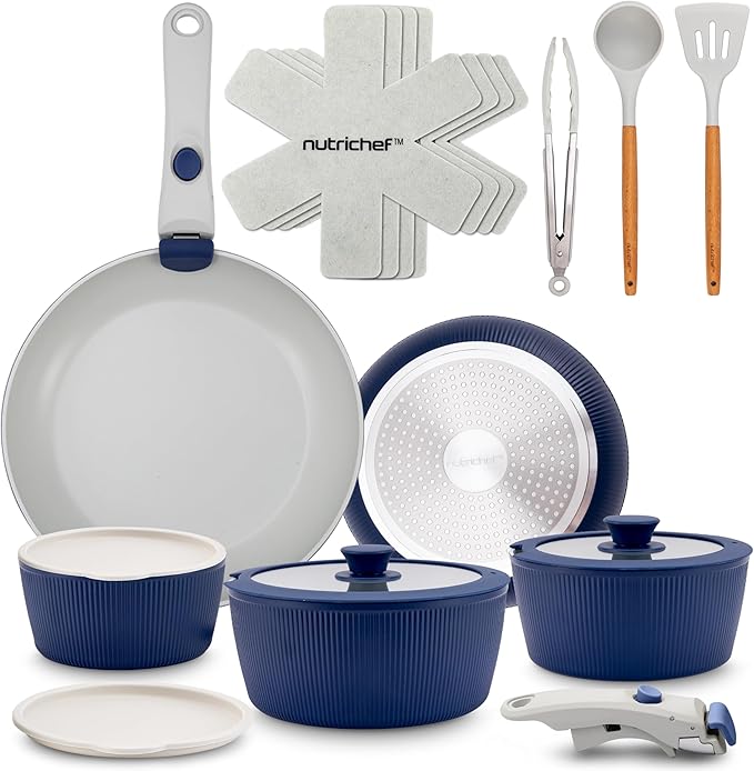 NutriChef 18-Piece Ceramic Cookware Set with Detachable Handles Non Stick Pots and Pans PTFE-Free Natural Ceramic Coating Space-Saving Design Oven &amp Stove Safe Includes Utensils Blue