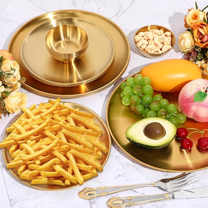 Layhit 18 Pcs Gold Stainless Steel Dinnerware Set 10'' Metal Gold Dinner Plates 8'' Thickened Dinner Dishes 3.5'' Sauce Bowls Stackable Dishware for Kitchen BBQ Party Picnic Service for 6