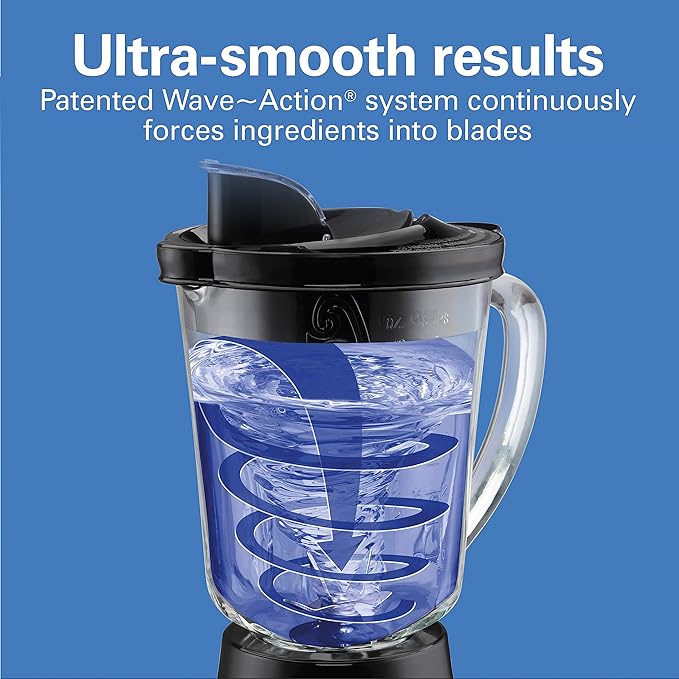 Hamilton Beach Wave Action Blender for Smoothies Stainless Steel Ice Sabre Blades 40oz Glass Jar 800 Watts Quiet Design Black (58175)