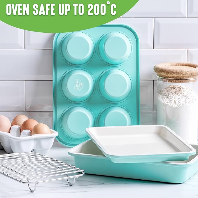GreenLife Bakeware Healthy Ceramic Nonstick 4 Piece Toaster Oven Baking Set with Cookie Sheet Muffin and Cake Pan PFAS-Free Turquoise