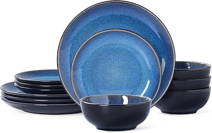 Plates and Bowls Sets for 4 - CJDC-QUELO 12-Piece Stoneware Dinnerware Sets Ceramic Dishware Set for Kitchen Use and Formal Dining Chip and Scratch Resistant Microwave Dishwasher Safe Blue