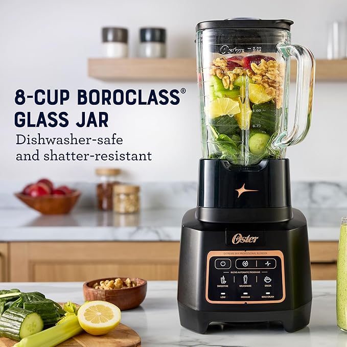 Oster Extreme Mix Blender 64oz Glass Jar 3 iBlend Preset Functions 1600-Watts 10-Point Blade Stack with Titanium Coating &amp 24oz Blend-N-Go Cup
