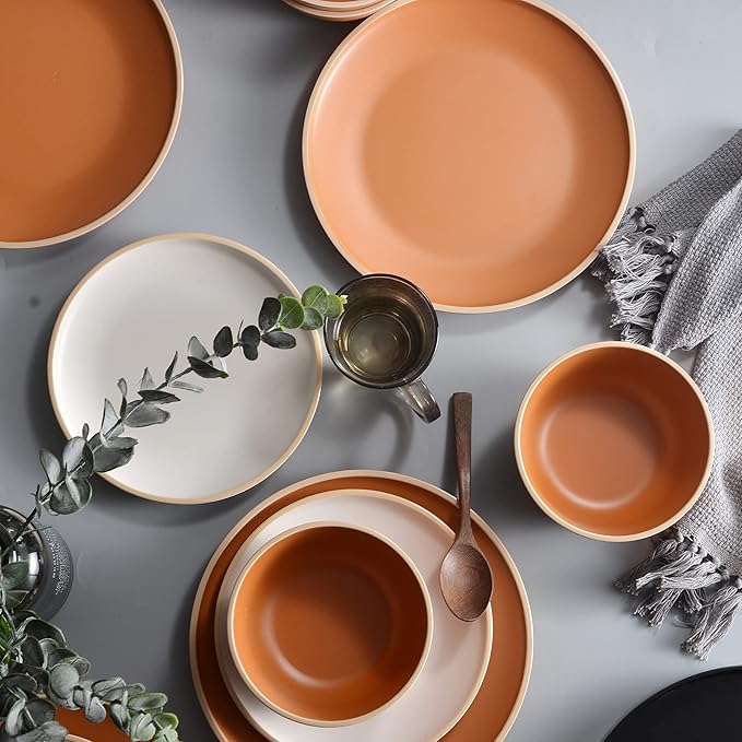 Melamine Dinnerware Sets 12pcs Plates and Bowls for 4 Unbreakable Dinnerware Sets Ideal Dinnerware for Party Unbreakable BAP free Dishwasher Safe Red Color (Terracotta Color)
