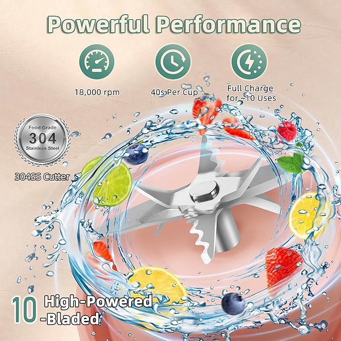 1100ml Portable Juicer with 10-Blade Turbo Juicing USB-C Fast Charging 12+ Cups per Charge Juice Glass with Sip Lid &amp Carrying Strap for Travel &amp office &amp Gym. Not for Ice Crushing. (Pr