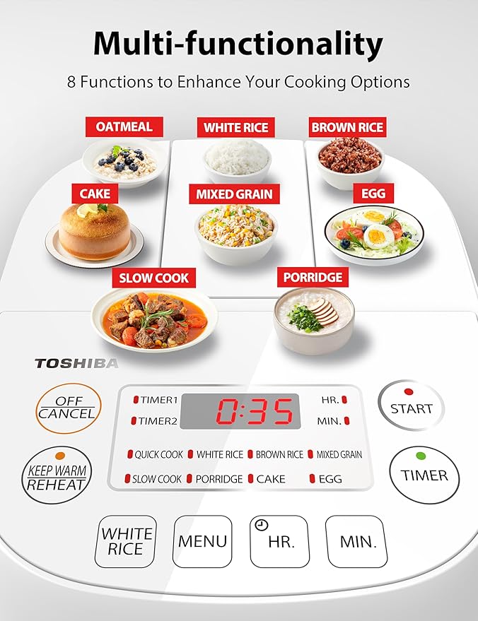 Toshiba Mini Rice Cooker 3 Cups Uncooked Small Rice Cooker Steamer &amp Warmer With Fuzzy Logic And One-Touch Cooking 24 Hour Delay Timer And Auto Keep Warm Feature White