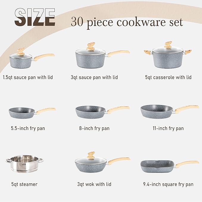 Kitchen Academy Induction Cookware &amp Bakeware Set - 30 Piece Grey Granite Cooking Pans Set Non Toxic Pots and Pans Set Non Stick