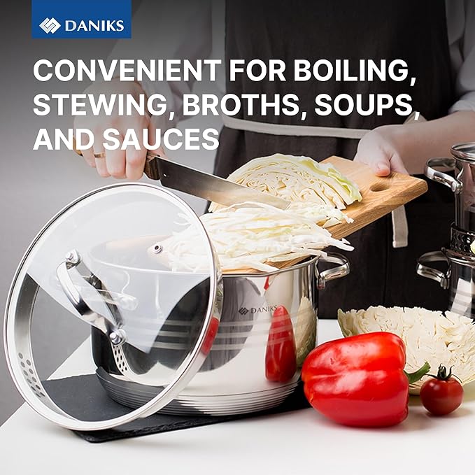 Daniks Tokio Stainless Steel Stock Pot 2 Quart with Glass Strainer Lid Induction Ready Dishwasher Safe Measuring Scale Silver