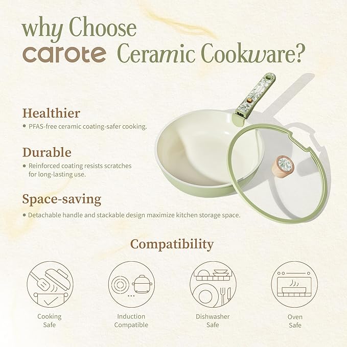 CAROTE 25-Piece Ceramic Cookware Set Nonstick Pots and Pans Set with Detachable Handle Non-Toxic Kitchen Cooking Set Dishwasher &amp Oven Safe Induction Compatible PFAS Free Green