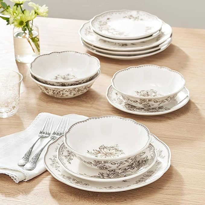 Agatha 12-Piece Stoneware Dinnerware Set – Service for 4 Rustic Farmhouse Plates &amp Bowls Vintage Floral Design Microwave &amp Dishwasher Safe (Brown)