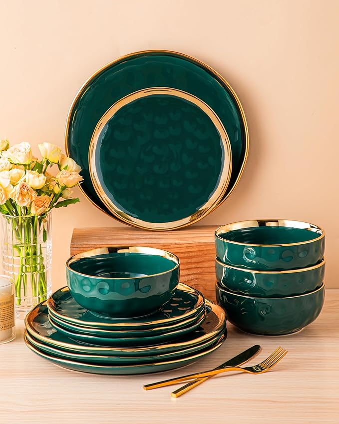 LOVECASA 12 Pieces Plates and Bowls Sets Porcelain Green and Gold Dinnerware Sets Round Dinner Plates Dishes Set Service for 4 Dishwasher Safe and Scratch Resistant Green