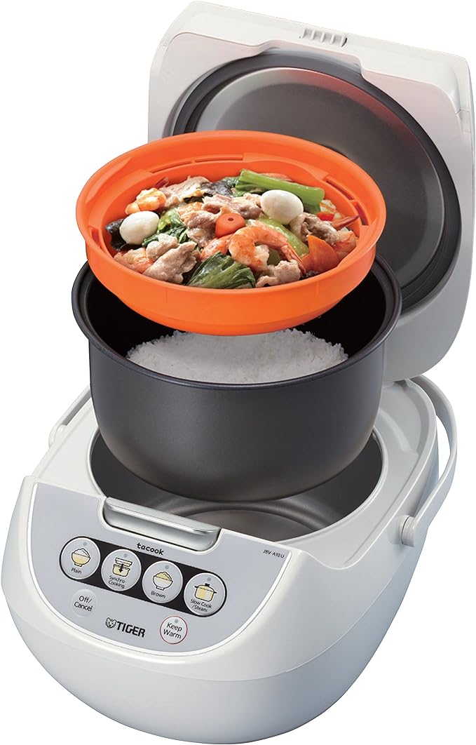 TIGER JBV-A10U 5.5-Cup (Uncooked) Micom Rice Cooker and Warmer with Tacook Food Steamer Cooking Tray Technology White