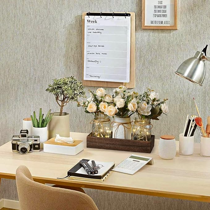 3 Pcs Mason Jar Centerpiece Table Decorations for Dining Table Decor Farmhouse Coffee Table Decor with Wood Tray and Led Light Table Centerpieces for Dining room Kitchen Living BathroomWhite