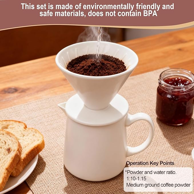 Ceramic Pour Over Coffee Maker Dripper - Uses Standard #2 &amp #4 Paper Filters 450ml/15oz White Barista Style for Home &amp Office