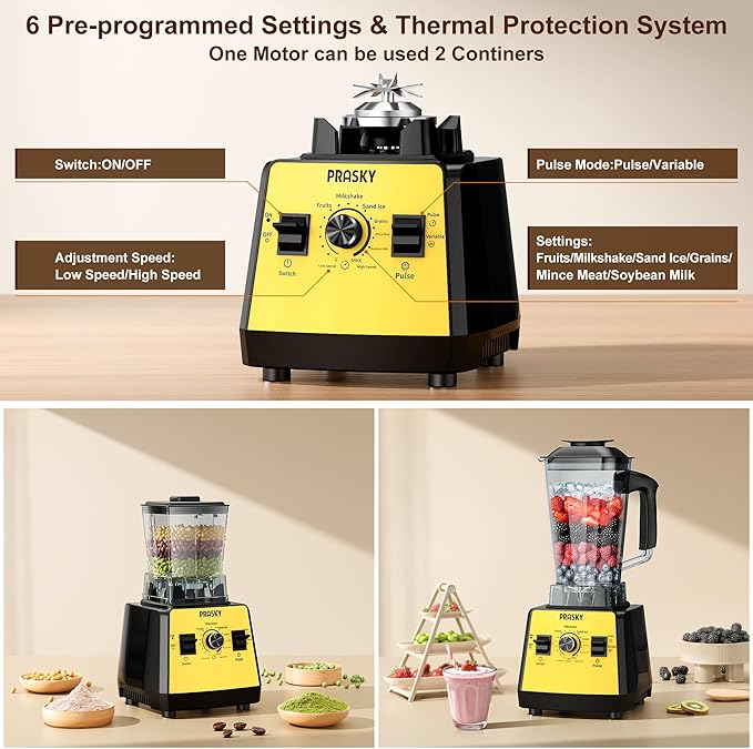 Blenders for Kitchen Smoothie Blender 2400W/1000W Prasky Blender &amp Grinder Combo 25000 RPM High Speed 68oz BPA-Free Food Processor Countertop Blender for Smoothies Shakes &amp Food (Yellow