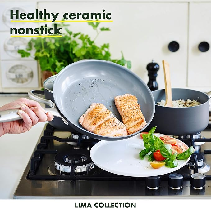 GreenPan Valencia Pro Hard Anodized Induction Safe Ceramic Nonstick 10 and 12 Set Gray &amp Lima 1QT and 2QT Ceramic Non-Stick Saucepan Set Gray -