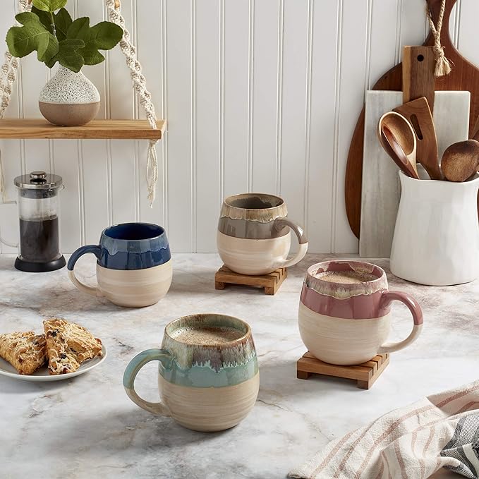 Tabletops Gallery Tuscan Reactive Glaze Stoneware- Platter Serving Bowl Mixing Bowl Mug Tuscan 26 Ounce Jumbo Oversized Mugs (Set of 4- Blue Green Brown and Pink)
