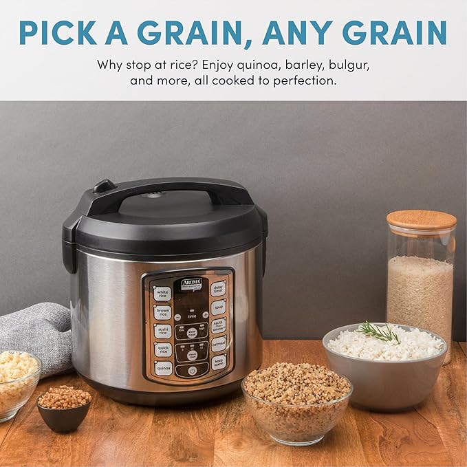Aroma Housewares Professional Plus ARC-5000SB 20 Cup (Cooked) Digital Rice Cooker Food Steamer Slow Cooker Stainless Exterior/Nonstick Pot Silver Black 10-cup uncooked/20-cup cooked/4QT
