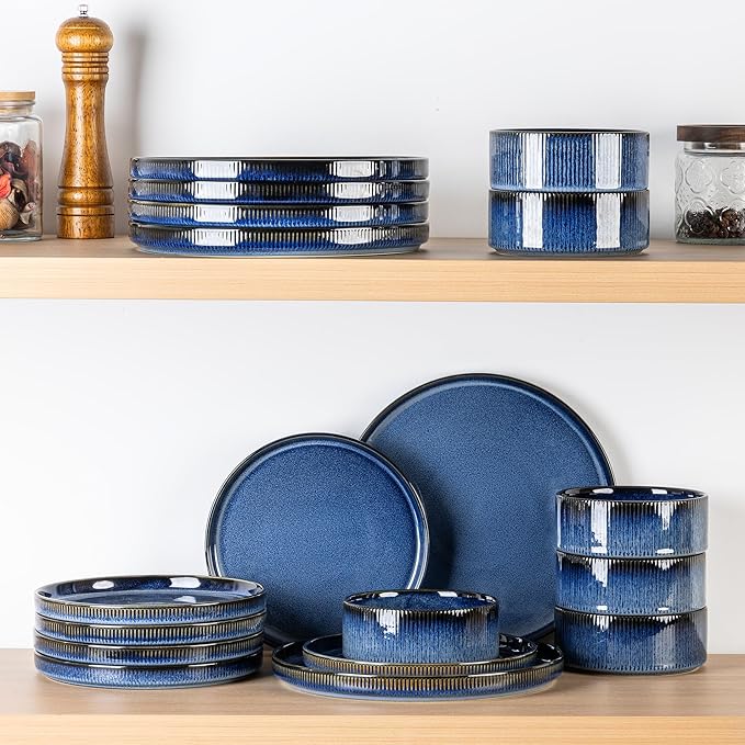 TheTerra Ceramic Dinnerware Sets for 4 12 Pieces Porcelain Lightweight Plates and Bowls Sets Scratch Resistant Dish Set Oven &amp Microwave &amp Dishwasher Safe Starry Blue
