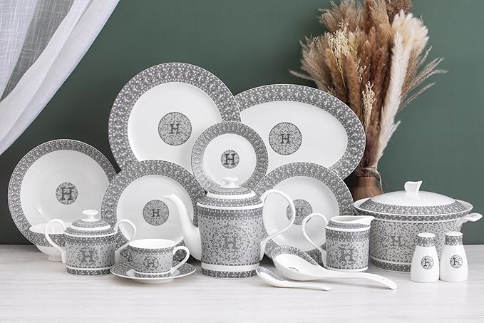 Dinnerware Set for 4-16 Piece Porcelain Dishes - Gorgeous White and Silver Intricate Geometric Mosaic Design - Premium Kitchen Set - For Everyday Use and Formal Occasions (58 Piece Set)