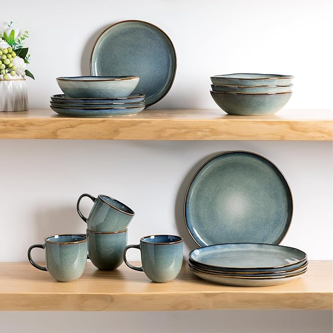 AmorArc Ceramic Dinnerware SetsHandmade Reactive Glaze Stoneware Plates and Bowls SetsHighly Scratch Resistant | Dishwasher &amp Microwave Safe Dishes SetService for 4 (16pc)