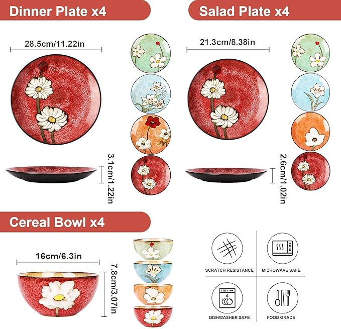 Plates and Bowls Sets12 Pieces Kiln Changed Glaze Ceramic Dinnerware SetDishes Set for 4Highly Chip and Crack Resistant Modern Plate SetDishwasher &amp Microwave Safe (4 colors)