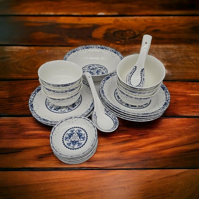 28-piece Bone China Blue and White Dinnerware Set Service for 6 Rice Bowl Set Jingdezhen (blue lotus)