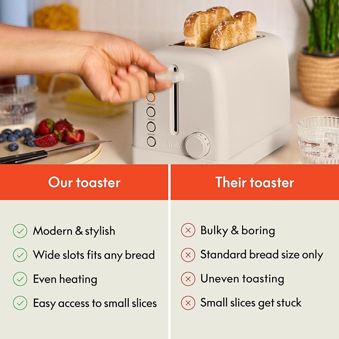bella 2 Slice Toaster 6 Setting Shade Control w Reheat Cancel Bagel &amp Defrost Buttons Removable Crumb Tray Anti Jam &amp Auto Shutoff Auto Centering Guides &amp Cord Wrap 900 Watt Oatmil