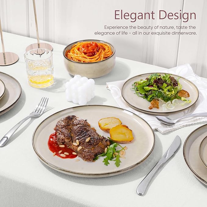 Herogo Stoneware Plates and Bowls Sets for 6 18 Pieces Modern Round Dinnerware Reactive Glaze Dishes Set for Kitchen Chip Resistant Microwave &amp Dishwasher Safe Cream Khaki