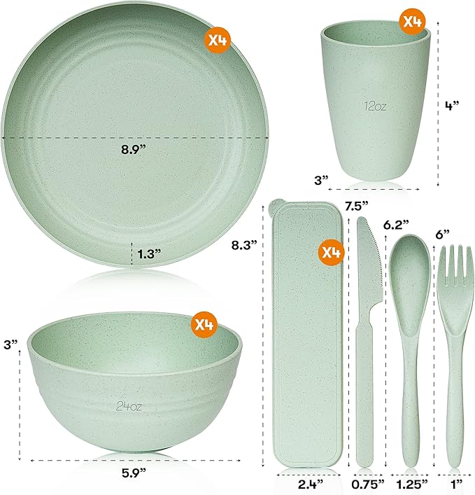 Wheat Straw Dinnerware Sets | Unbreakable Dinnerware Sets | Dishwasher Microwave Safe Dinnerware | Eco Friendly Non Breakable Dinnerware Sets | RV Outdoor Camping (Green Service for 4 (28 pcs))