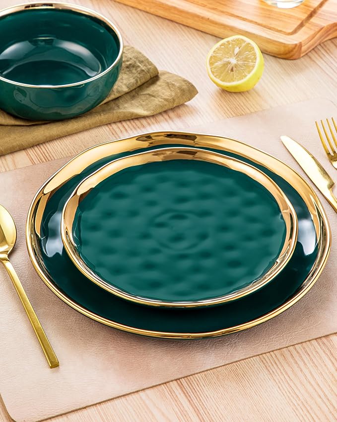 LOVECASA 12 Pieces Plates and Bowls Sets Porcelain Green and Gold Dinnerware Sets Round Dinner Plates Dishes Set Service for 4 Dishwasher Safe and Scratch Resistant Green