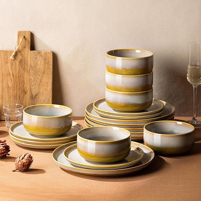TheTerra Ceramic Dinnerware Sets for 6 18 Pieces Handmade Reactive Glaze Plates and Bowls Set Scratch Resistant Dish Set Oven &amp Microwave &amp Dishwasher Safe Autumn Haze