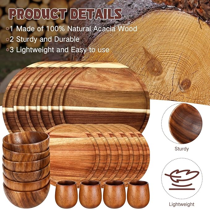 Maxdot 24 Pcs Acacia Wood Dinnerware Set Round Wooden Plates Solid Wooden Bowls and Tea Cups Acacia Wood Tableware Supplies Lightweight for Dishes Snack Dessert Set for 4