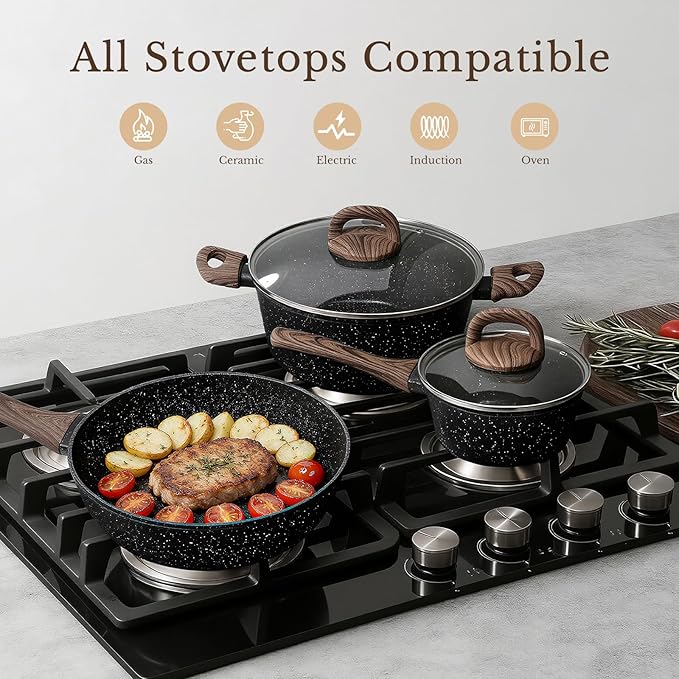 EWFEN 25 Pcs Pots and Pans Set Nonstick Ceramic Cookware Sets Healthy Non-Toxic Large Capacity Induction Compatible Cooking Set with Frying Pans &amp Saucepans PFAS/PTFE/PFOA Free Classic Blac