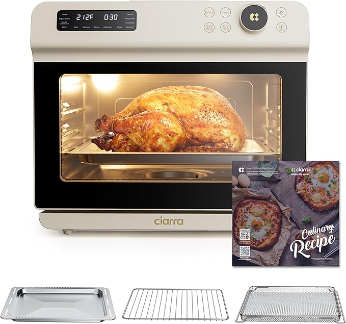 CIARRA 12-in-1 Countertop Steam Oven with Air Fryer 25.4QT Steam Air Fryer Combo Nosh Oven Pro - Convection Toaster Bake Self-Clean Dehydrate Ferment White