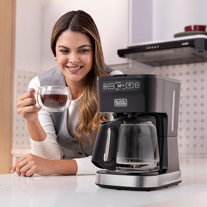 BLACK+DECKER CAFÉCRAFT 12-Cup Programmable Coffee Maker Stainless Steel Drip Coffeemaker with Vortex Showerhead Strength Selector Sneak-A-Cup Keep Warm