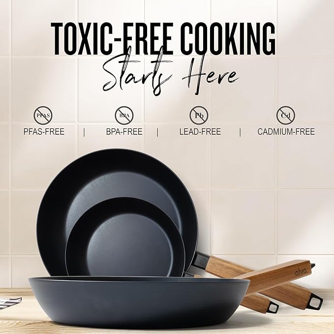 Alva Forest 8 &amp 11 Carbon Steel Frying Pan Set – Naturally Nonstick Pre-Seasoned Skillet Acacia Wood Handle Toxic Free (No PTFE/PFOA) Induction &amp All-Stovetop Safe Lightweight &amp Dura