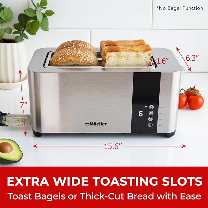 Mueller UltraToast Stainless Steel Toaster 4 Slice – Extra-Wide 1.6 Slots for Artisan Bread Bagels &amp Frozen Waffles 6 Browning Levels LED Display Cancel/Defrost/Reheat Removable Crumb Tray