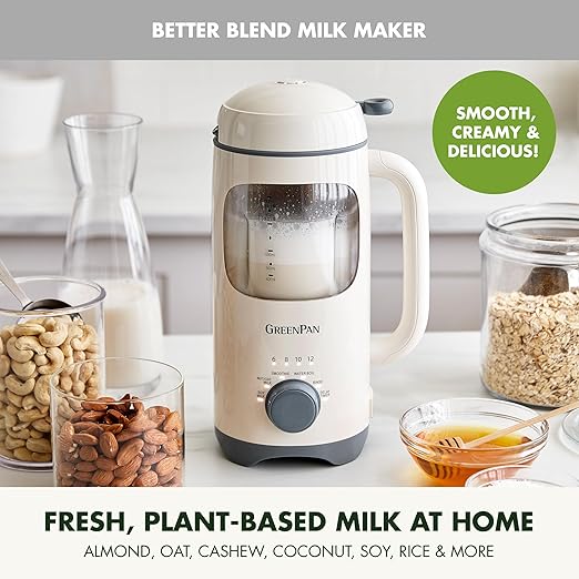 GreenPan Nut Milk Maker 15-in-1 Homemade Soy Almond Oat Coconut Non-Dairy Rice Soup Baby Food BPA-Free Smooth Creamy Texture Self Clean Barista Quality Milk Delay Start Boil Water Cream