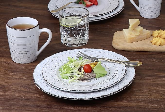 Lorren Home Trends 16 Piece Distressed Weave Dinnerware Set-White