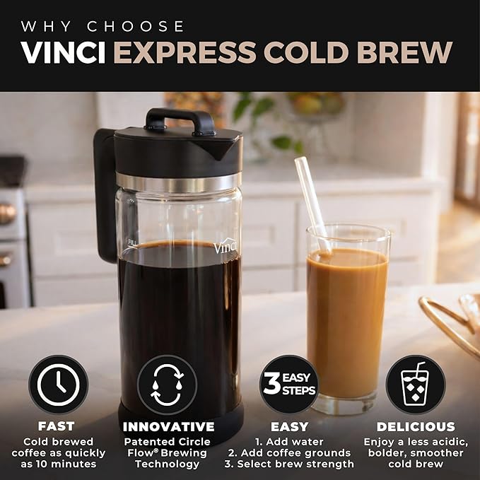 VINCI Express Cold Brew Electric Cold Brew Coffee Maker in 10 Minutes Glass Carafe 3 Brew Strength Settings &amp Cleaning Cycle Easy to Use &amp Clean 1.4 Liters Push Button Control