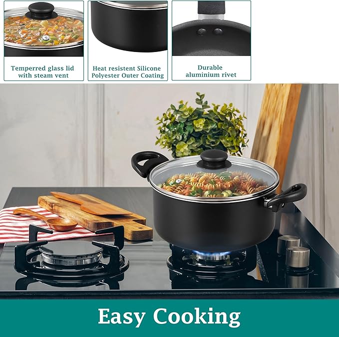 7 Piece Nonstick Aluminum Pots and Pans Cookware Set Black - PFOA-Free Heat-Resistant Handles Suitable for Gas &amp Electric Stoves