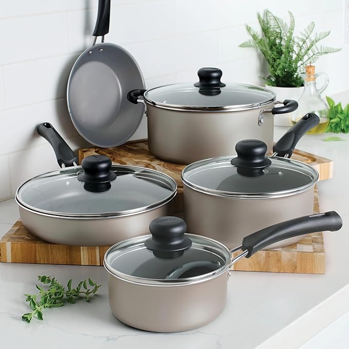 9-Piece Champagne Ceramic Non-Stick Pots and Pans Set Includes Skillets &amp Saucepans &amp Dutch Oven Stackable Cookware Set for All Stovetops
