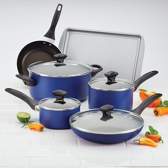 Farberware 21891 Dishwasher Safe Nonstick Cookware Set / Pots and Pans Set - 15 Piece Blue