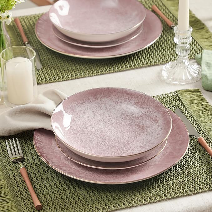 Christian Siriano Onyx 24-Piece Dinnerware Set Porcelain Plates and Bowls Set Hand Wash Dish Dish Set for 8 Pink and Gold