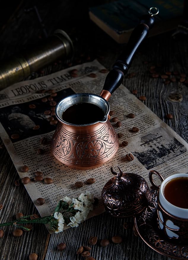 DEMMEX 15 Oz Thickest Copper Turkish Greek Arabic Coffee Pot Stovetop Coffee Maker Cezve Ibrik Briki with Wooden Handle &amp Spoon Hand Engraved (Matte Copper 6 Servings)