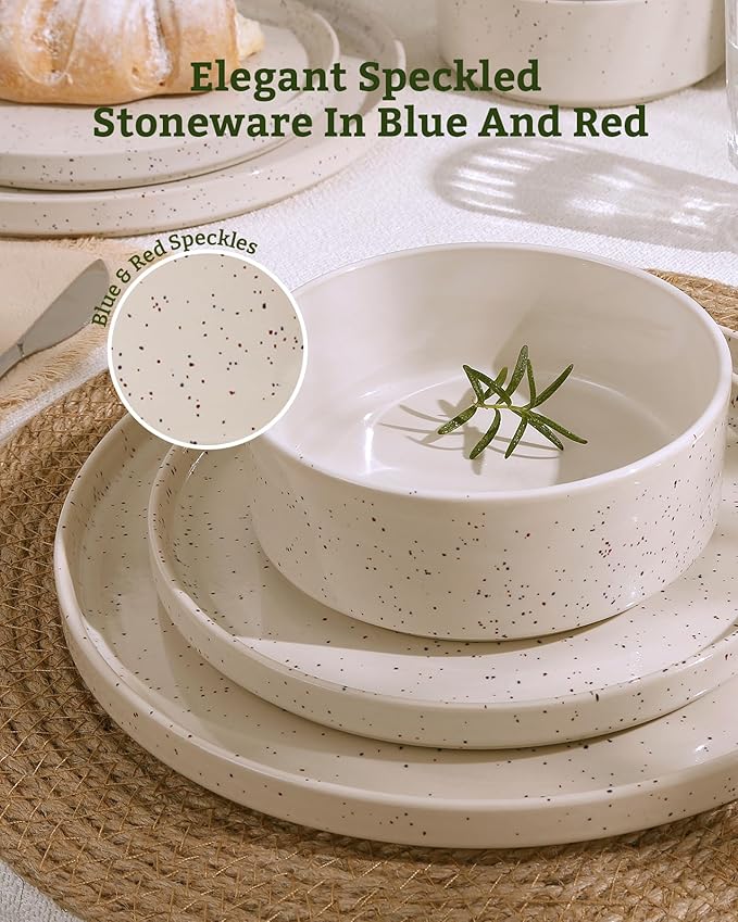 Famiware Nebula Plates and Bowls Set 24 Pieces Dinnerware Sets Dishes Set for 8 Creamy White with Colorful Speckles