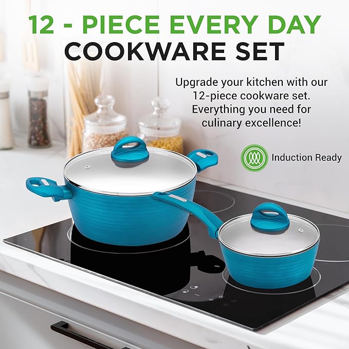NutriChef 12-Piece Nonstick Kitchen Cookware Set - Easy to Clean Fireproof Lacquer - Saucepot Cooking Pots Fry Pans Utensils Tempered Glass Lids - Light Gray/Green Induction Ready